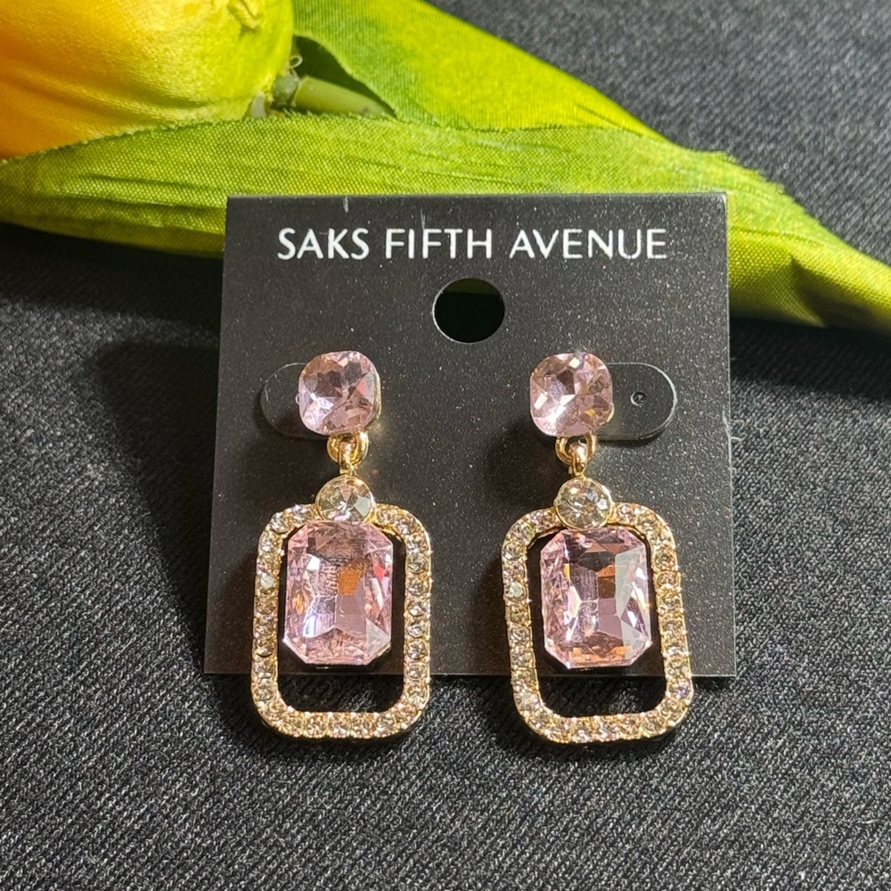 Saks Fifth Avenue Pink Crystal Gold Statement Earrings 1.5in